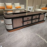 Luxury Coffee Table with Quilted Upholstered Panels Natural Wood Veneer Finish and Stainless Steel Accents